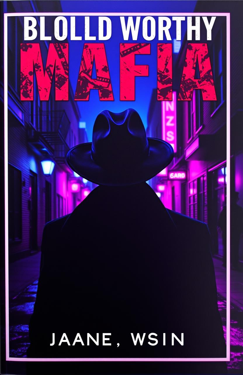 An enigmatic and captivating cover for a bloodthirsty mafia-worthy book featuring a dark, menacing silhouette of a gangster in a fedora hat against a backdrop of a vivid neon-lit nighttime cityscape