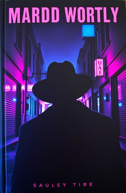 An enigmatic and captivating cover for a bloodthirsty mafia-worthy book featuring a dark, menacing silhouette of a gangster in a fedora hat against a backdrop of a vivid neon-lit nighttime cityscape