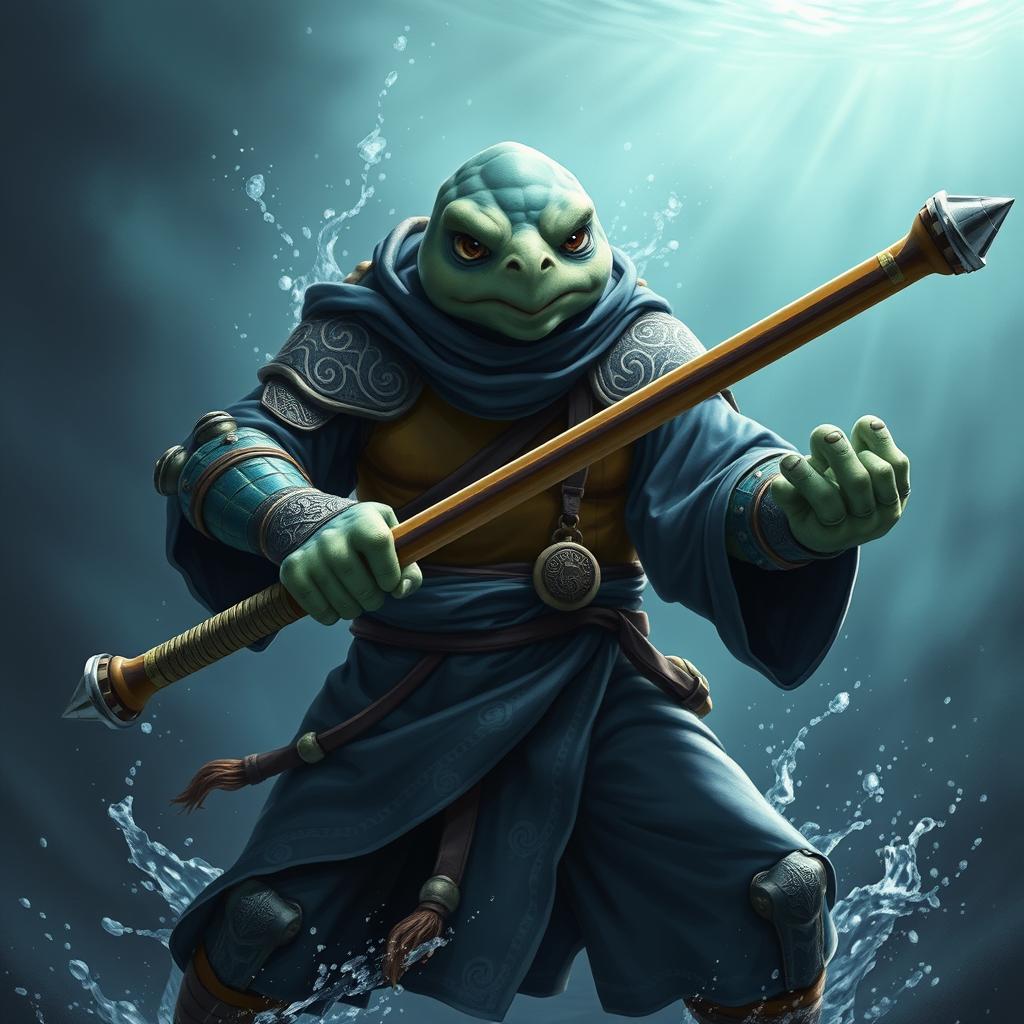 An adult tortle race character showcased in a serious battle stance, embodying the spirit of a battle monk with a mastery of water magic