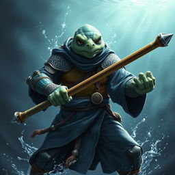 An adult tortle race character showcased in a serious battle stance, embodying the spirit of a battle monk with a mastery of water magic