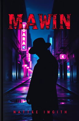 An enigmatic and captivating cover for a bloodthirsty mafia-worthy book featuring a dark, menacing silhouette of a gangster in a fedora hat against a backdrop of a vivid neon-lit nighttime cityscape