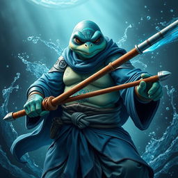 An adult tortle race character showcased in a serious battle stance, embodying the spirit of a battle monk with a mastery of water magic