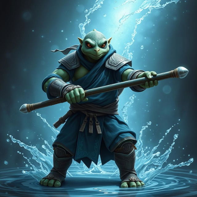 An adult tortle race character showcased in a serious battle stance, embodying the spirit of a battle monk with a mastery of water magic