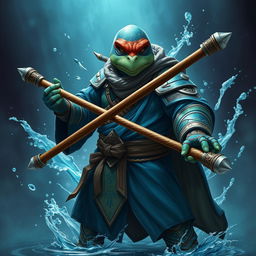 An adult tortle race character showcased in a serious battle stance, embodying the spirit of a battle monk with a mastery of water magic