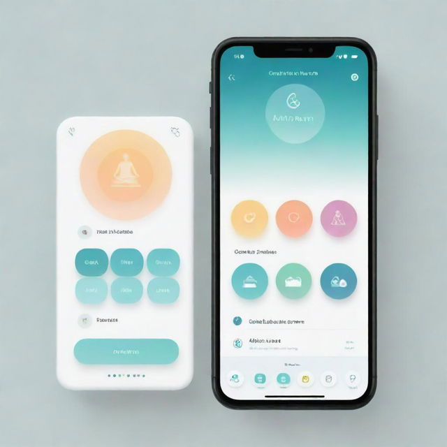 Design a soothing and user-friendly mental health application interface with a calming color palette, icons for meditation, therapy and tracking emotions.