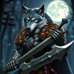 A captivating portrayal of a wolf Dungeons & Dragons character, depicted as a fierce noble warrior