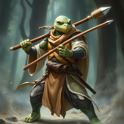 An adult tortle race character depicted in a serious battle stance, embodying the essence of a battle monk with a mastery of spirit magic