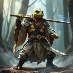 An adult tortle race character depicted in a serious battle stance, embodying the essence of a battle monk with a mastery of spirit magic