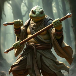 An adult tortle race character depicted in a serious battle stance, embodying the essence of a battle monk with a mastery of spirit magic