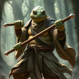 An adult tortle race character depicted in a serious battle stance, embodying the essence of a battle monk with a mastery of spirit magic