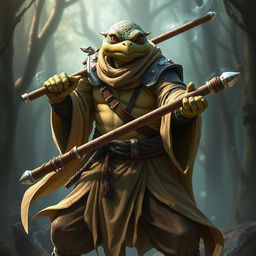 An adult tortle race character depicted in a serious battle stance, embodying the essence of a battle monk with a mastery of spirit magic