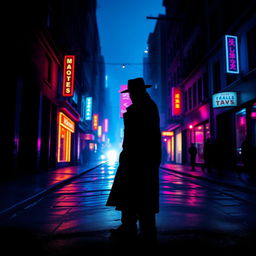 A dark, menacing silhouette of a figure in a trench coat and fedora against a backdrop of a vibrant neon-lit nighttime city