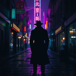 A dark, menacing silhouette of a figure in a trench coat and fedora against a backdrop of a vibrant neon-lit nighttime city