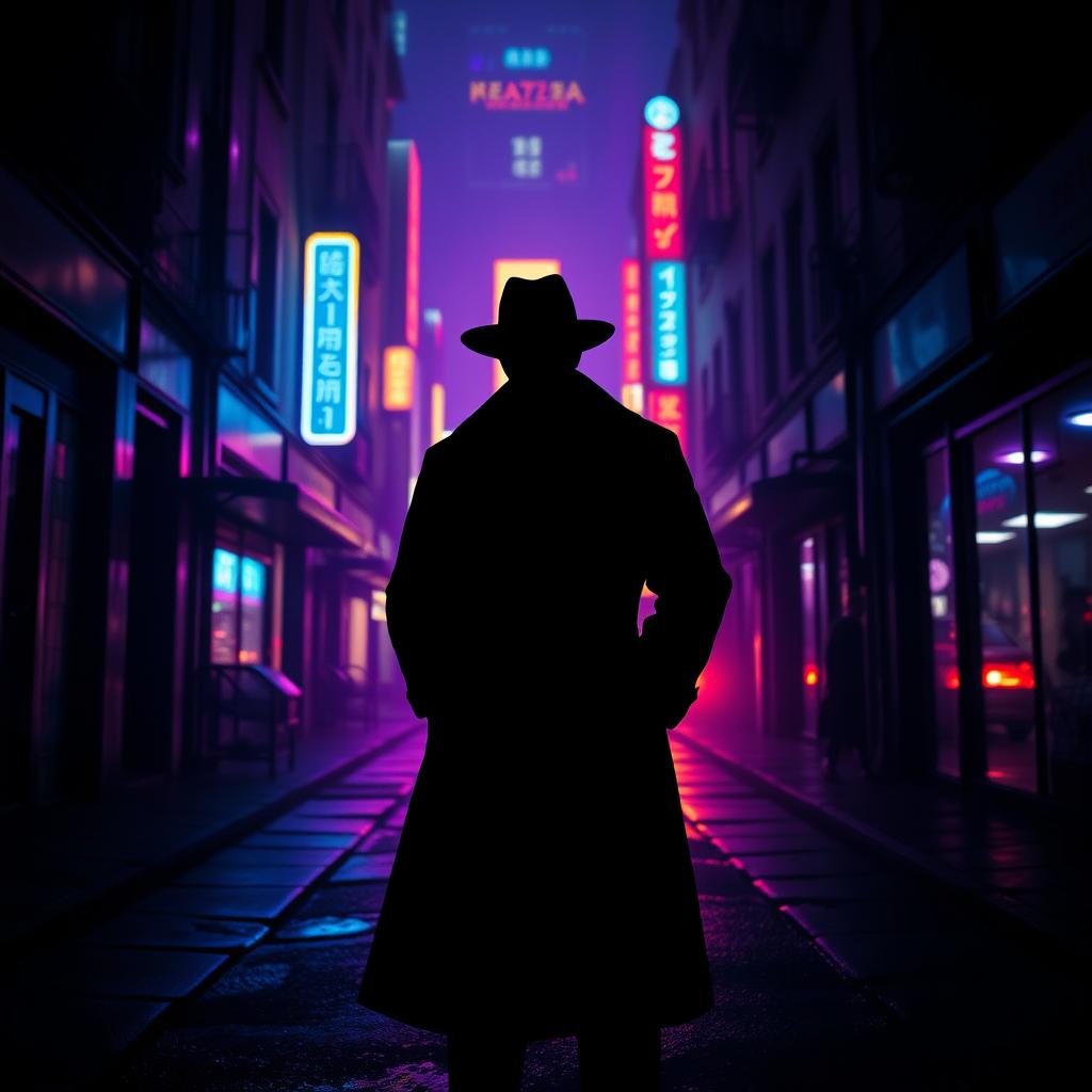 A dark, menacing silhouette of a figure in a trench coat and fedora against a backdrop of a vibrant neon-lit nighttime city