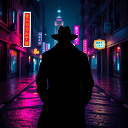 A dark, menacing silhouette of a figure in a trench coat and fedora against a backdrop of a vibrant neon-lit nighttime city