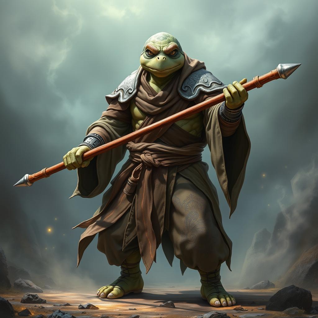 An adult tortle race character depicted in a serious battle stance, representing a battle monk proficient in spirit magic