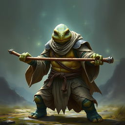 An adult tortle race character depicted in a serious battle stance, representing a battle monk proficient in spirit magic