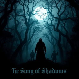 A sinister forest shrouded in mist during twilight, with towering, twisted trees casting long, dark shadows