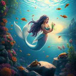 A beautiful and enchanting scene underwater, depicting Iara, the mermaid of the waters, half fish and half woman, with a stunning shimmering tail