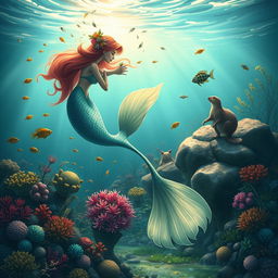 A beautiful and enchanting scene underwater, depicting Iara, the mermaid of the waters, half fish and half woman, with a stunning shimmering tail