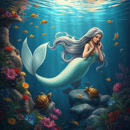 A beautiful and enchanting scene underwater, depicting Iara, the mermaid of the waters, half fish and half woman, with a stunning shimmering tail