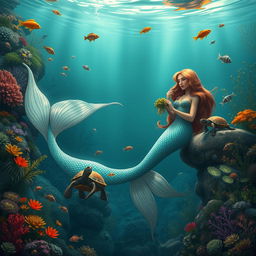 A beautiful and enchanting scene underwater, depicting Iara, the mermaid of the waters, half fish and half woman, with a stunning shimmering tail