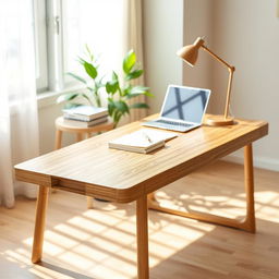 A beautifully designed bamboo study table, showcasing intricate details of the grain and texture of the bamboo wood