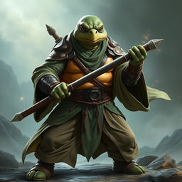 An adult tortle character depicted in a serious battle stance, representing a battle monk who harnesses spirit magic