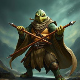 An adult tortle character depicted in a serious battle stance, representing a battle monk who harnesses spirit magic