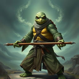 An adult tortle character depicted in a serious battle stance, representing a battle monk who harnesses spirit magic