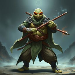 An adult tortle character depicted in a serious battle stance, representing a battle monk who harnesses spirit magic