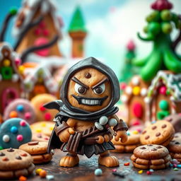 A whimsical and imaginative scene featuring 'Kadichon', a warrior cookie character, designed as an assassin