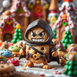 A whimsical and imaginative scene featuring 'Kadichon', a warrior cookie character, designed as an assassin