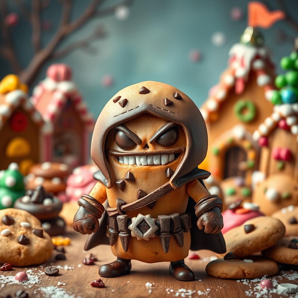 A whimsical and imaginative scene featuring 'Kadichon', a warrior cookie character, designed as an assassin