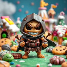 A whimsical and imaginative scene featuring 'Kadichon', a warrior cookie character, designed as an assassin