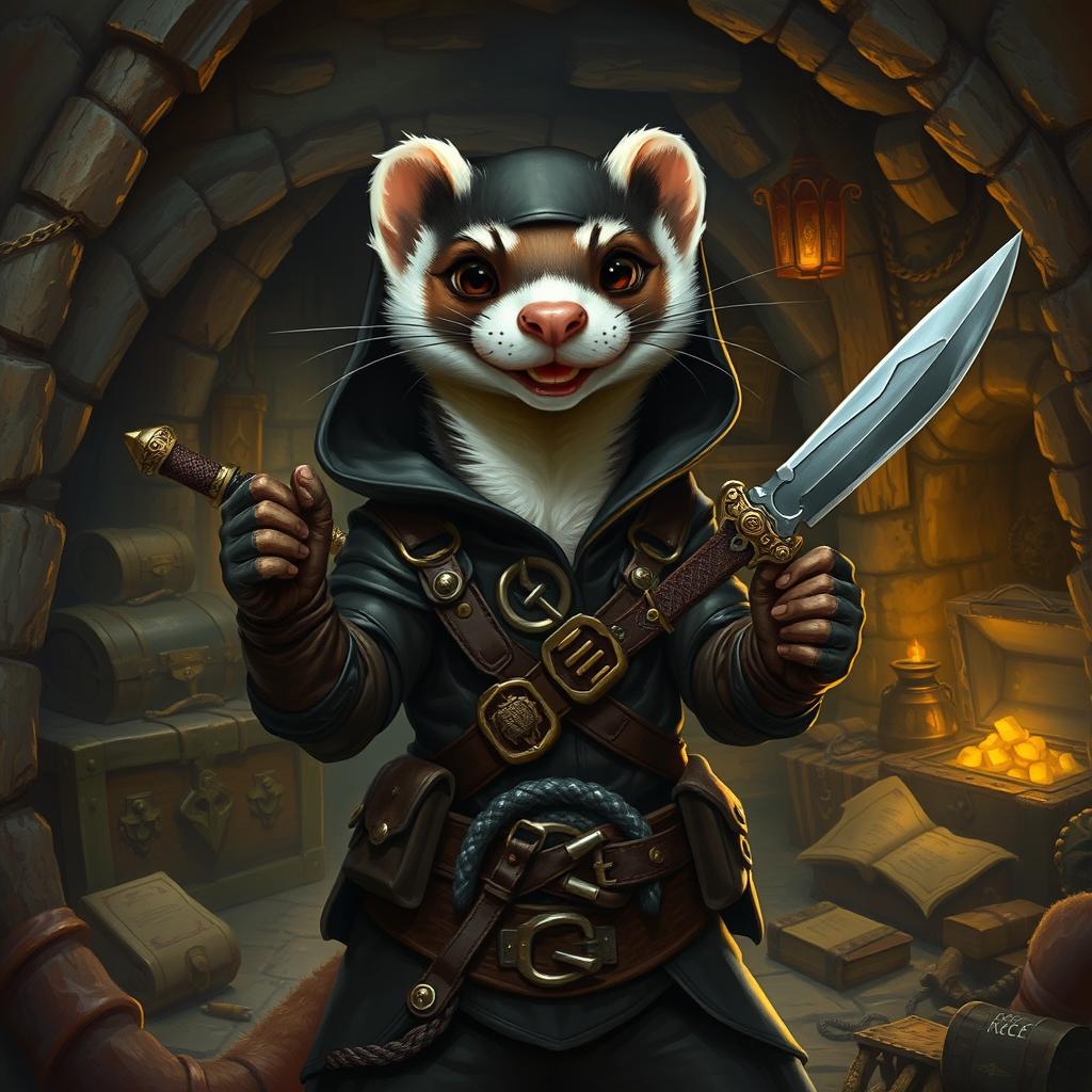 An enchanting portrayal of a ferret Dungeons & Dragons character, depicted as a clever and agile rogue