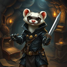 An enchanting portrayal of a ferret Dungeons & Dragons character, depicted as a clever and agile rogue