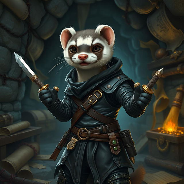 An enchanting portrayal of a ferret Dungeons & Dragons character, depicted as a clever and agile rogue