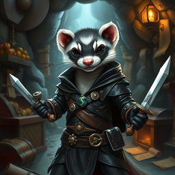 An enchanting portrayal of a ferret Dungeons & Dragons character, depicted as a clever and agile rogue