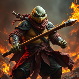 An adult tortle character depicted in a serious battle stance, representing a battle monk who specializes in fire magic