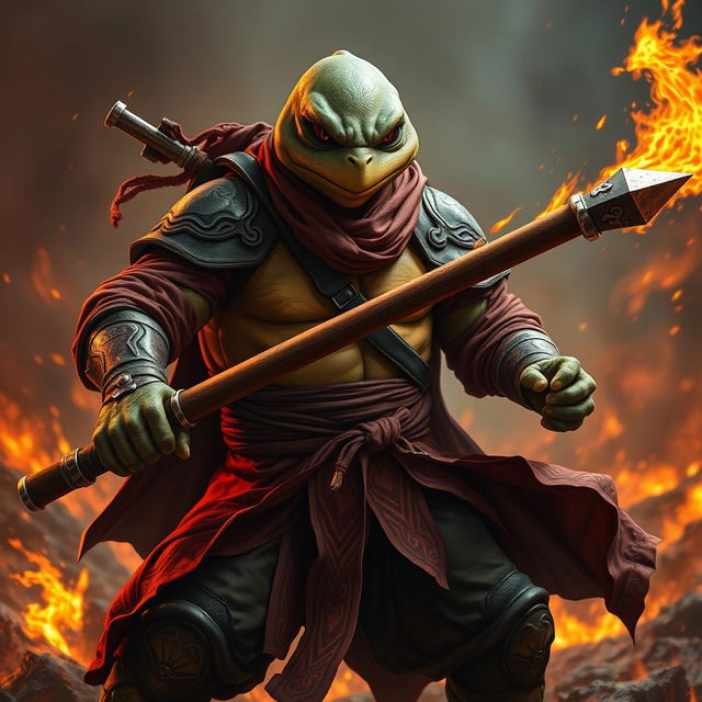 An adult tortle character depicted in a serious battle stance, representing a battle monk who specializes in fire magic