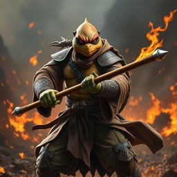 An adult tortle character depicted in a serious battle stance, representing a battle monk who specializes in fire magic