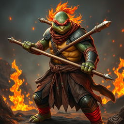 An adult tortle character depicted in a serious battle stance, representing a battle monk who specializes in fire magic