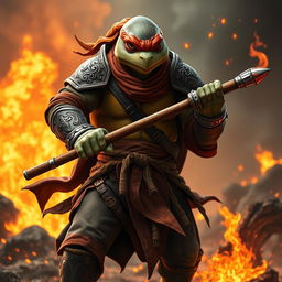 An adult tortle character depicted in a serious battle stance, representing a battle monk who specializes in fire magic