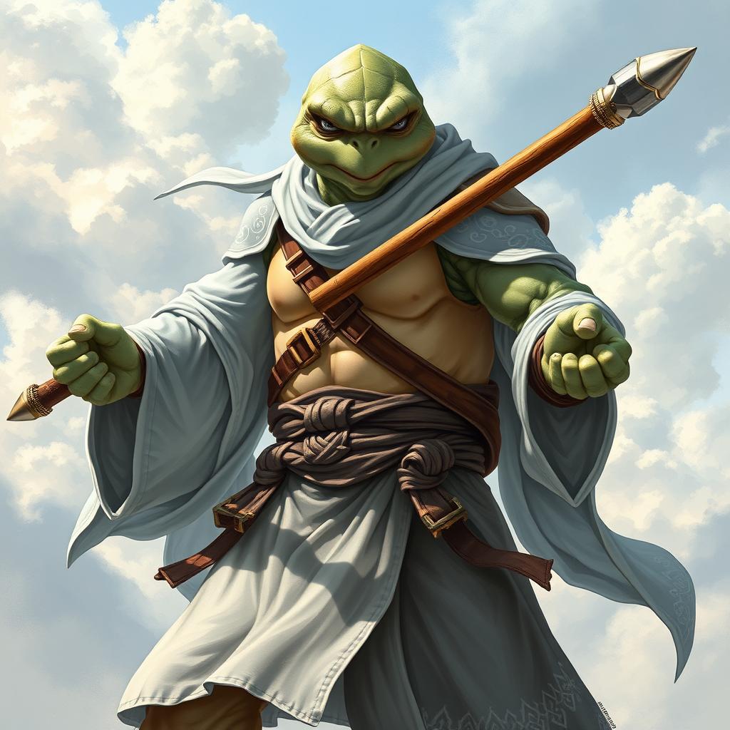 An adult tortle character depicted in a serious battle stance, representing a battle monk who specializes in spirit air magic