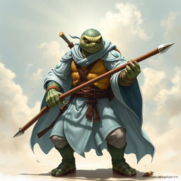 An adult tortle character depicted in a serious battle stance, representing a battle monk who specializes in spirit air magic