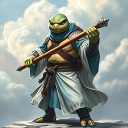 An adult tortle character depicted in a serious battle stance, representing a battle monk who specializes in spirit air magic