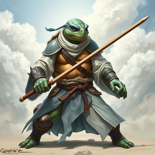 An adult tortle character depicted in a serious battle stance, representing a battle monk who specializes in spirit air magic