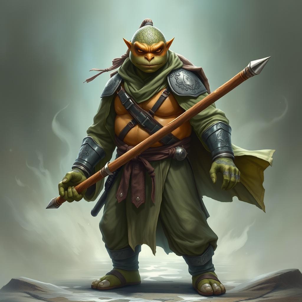 An adult tortle character portrayed in a serious battle stance, embodying a battle monk who wields spirit magic