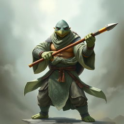 An adult tortle character portrayed in a serious battle stance, embodying a battle monk who wields spirit magic